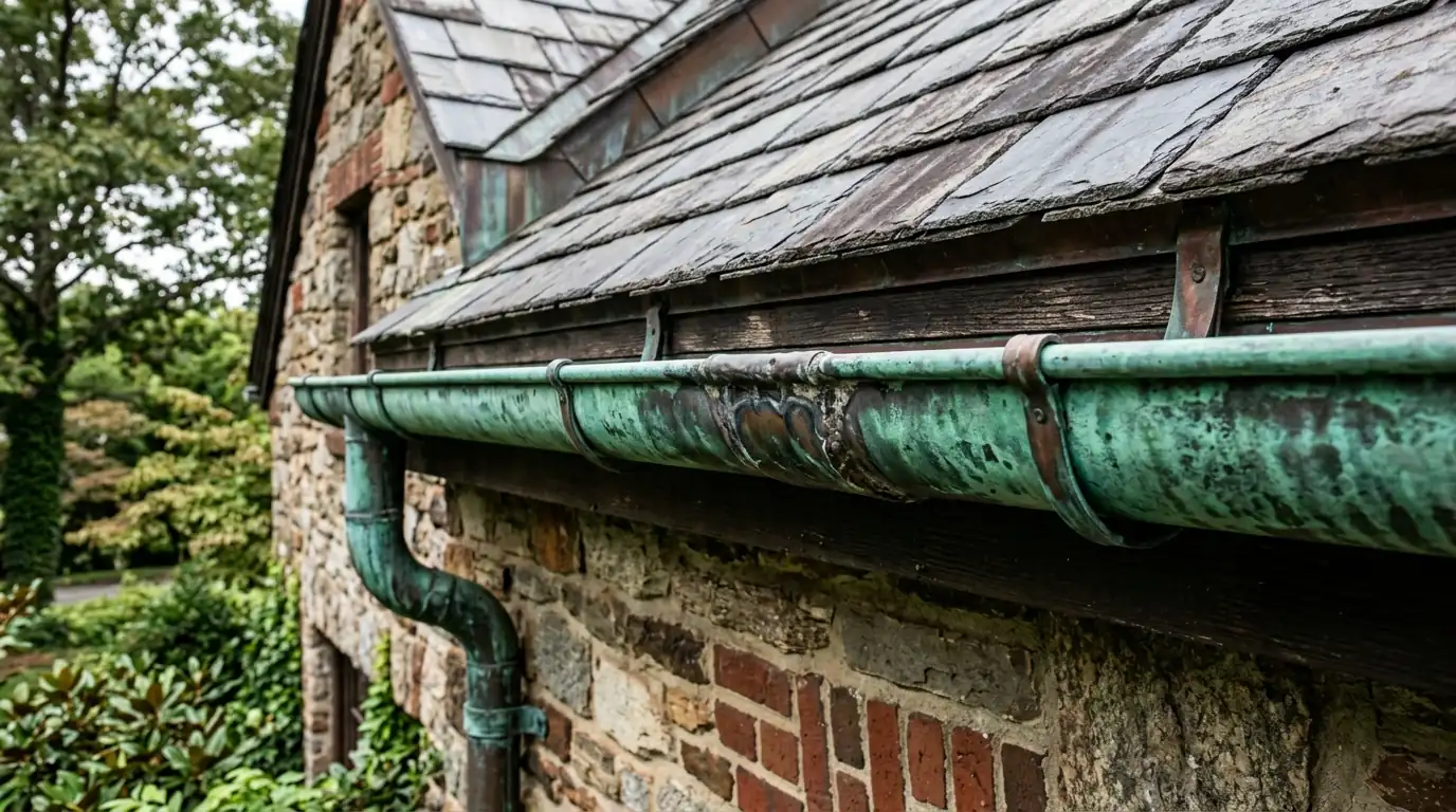 original copper half round gutter with soldered joints on a 1930s Sequoyah Hills Knoxville Tennessee estate