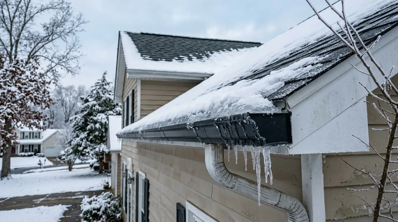 snow and ice sitting along a residential gutter run on a cold Tennessee morning