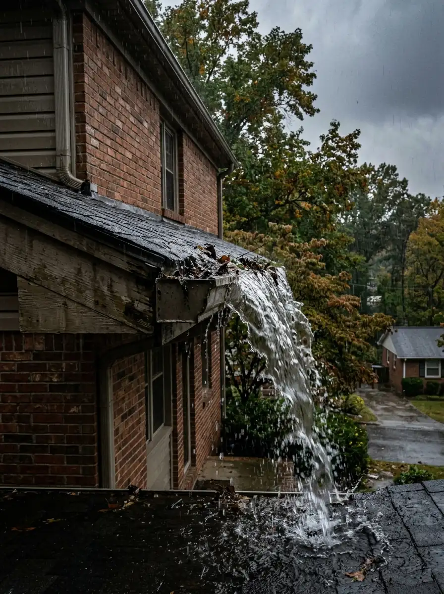 rainwater overflowing the front edge of a clogged residential gutter in Knoxville Tennessee