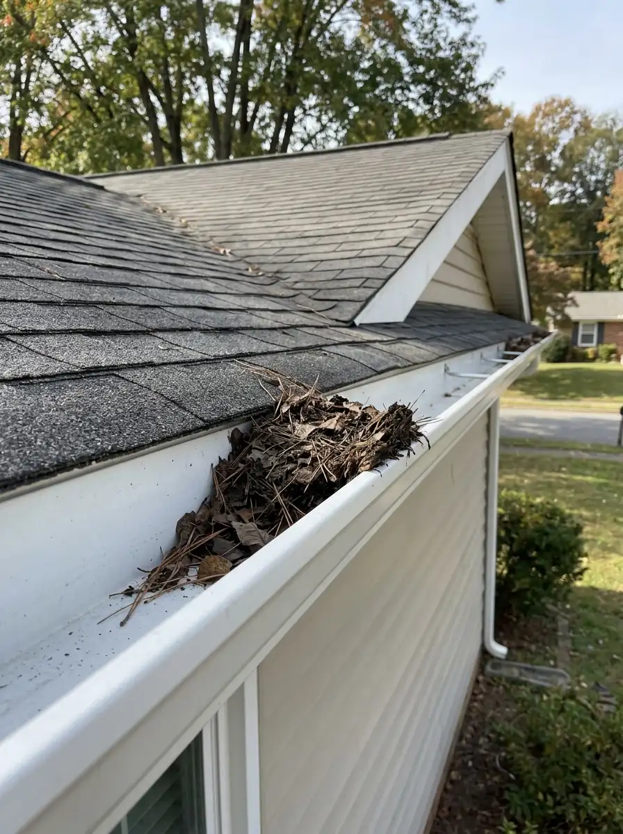 settled debris ridge part way along a low pitch ranch gutter in Westmoreland Knoxville Tennessee