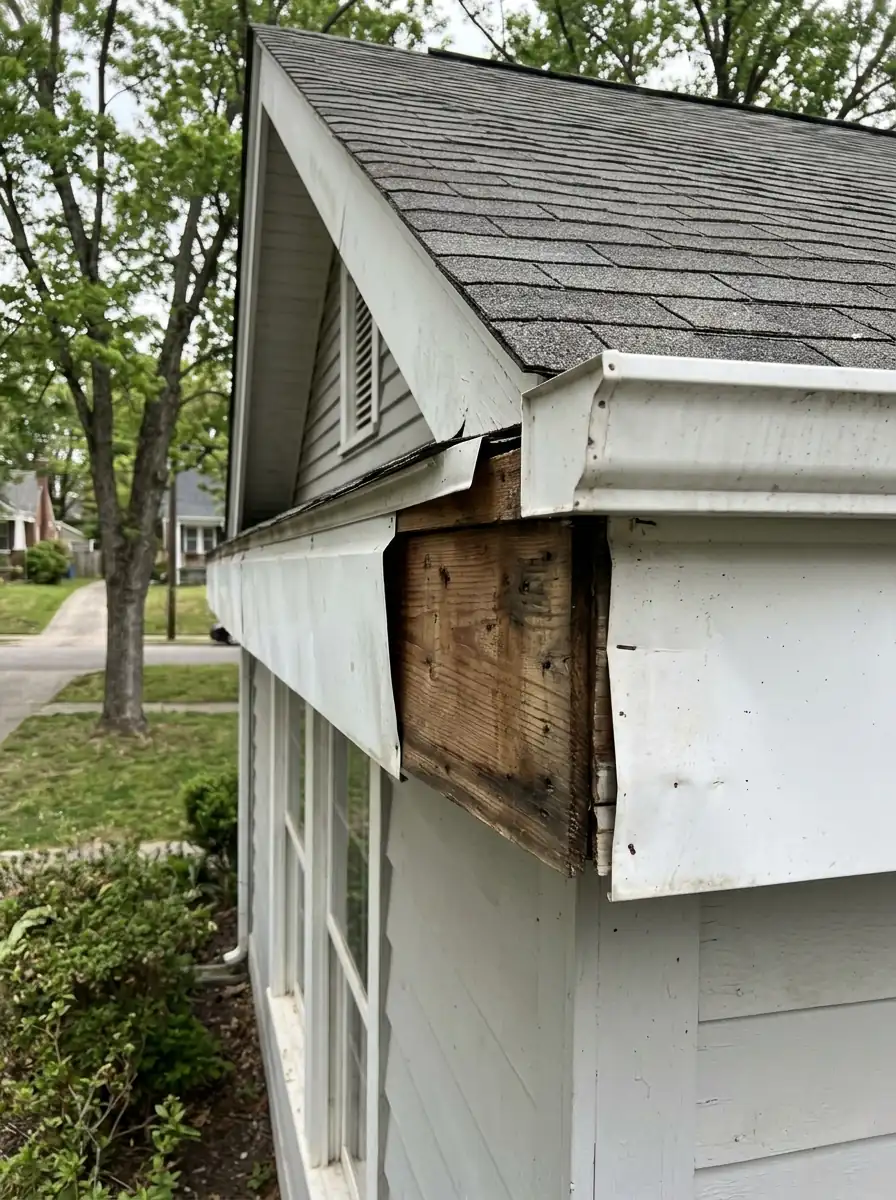 aluminum fascia cladding partly removed revealing the timber board behind on a Knoxville Tennessee home