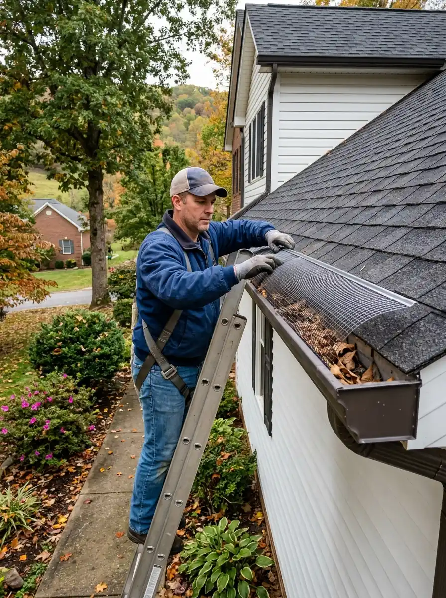 mesh gutter guard being fitted over a residential gutter run on an East Tennessee home