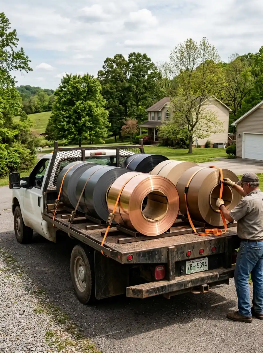 rolls of aluminum and copper gutter coil stock in several colors on a work truck in Tennessee