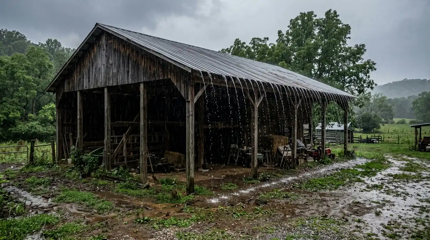 ungutted pole barn shedding rainwater in a line along its eave on a Gibbs Knoxville Tennessee property