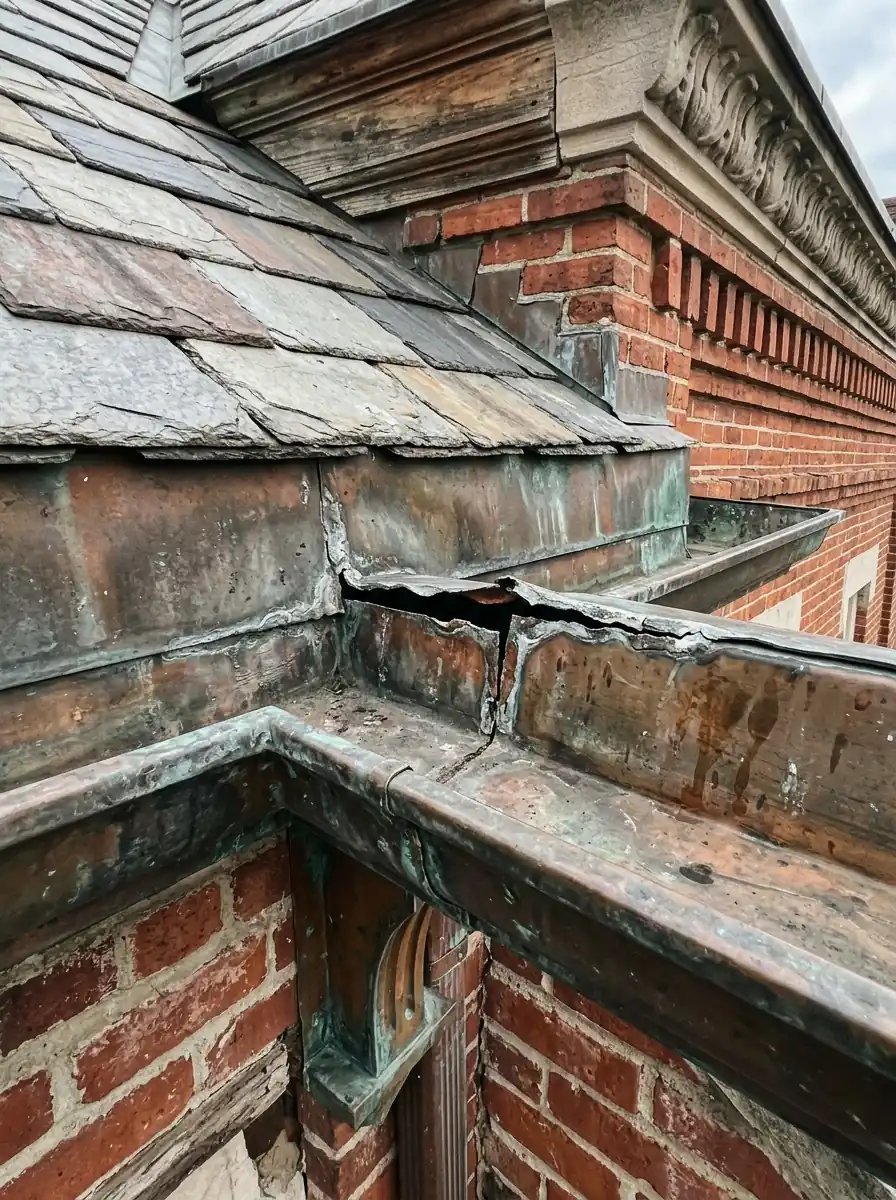 split soldered seam in an original metal box gutter lining on a historic Knoxville Tennessee building