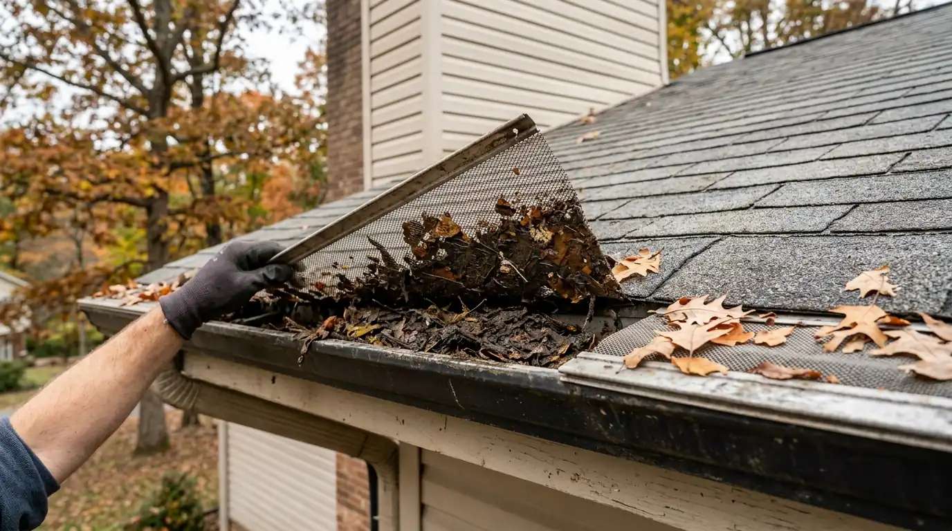 aging gutter guard lifted to reveal compacted debris in the trough beneath on a Knoxville Tennessee home