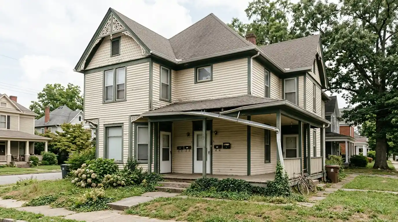 subdivided Victorian rental cottage with a sagging gutter run in Fort Sanders Knoxville Tennessee
