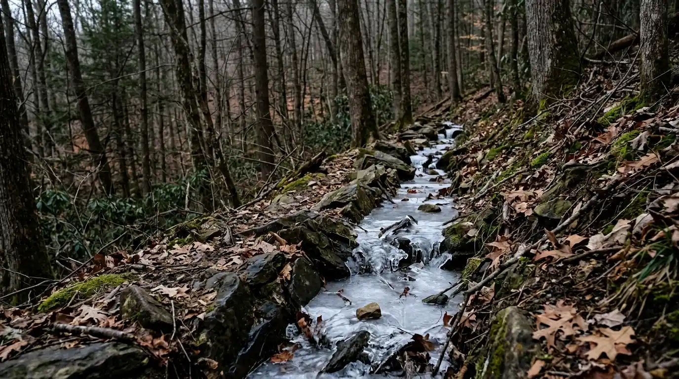ice sitting in a gutter run on a shaded wooded ridge in Lindbergh Forest Knoxville Tennessee