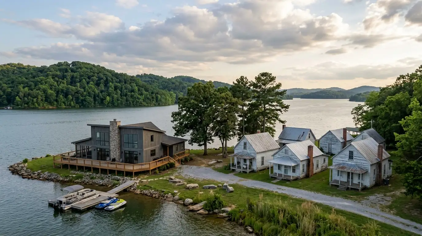 lakefront home with open water fetch beside older mill cottages in Lenoir City Tennessee