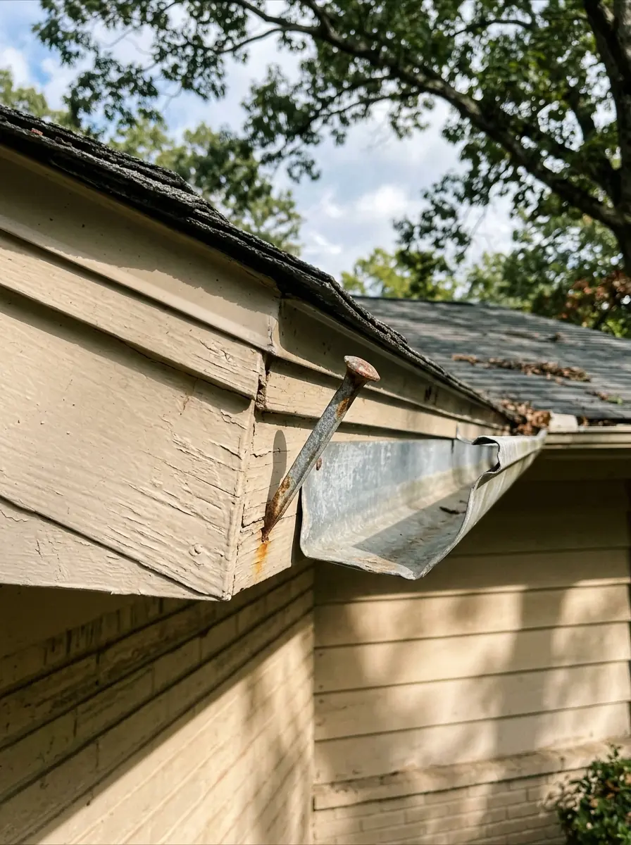 original gutter spike backed out of softwood fascia on a 1960s West Hills Knoxville Tennessee ranch