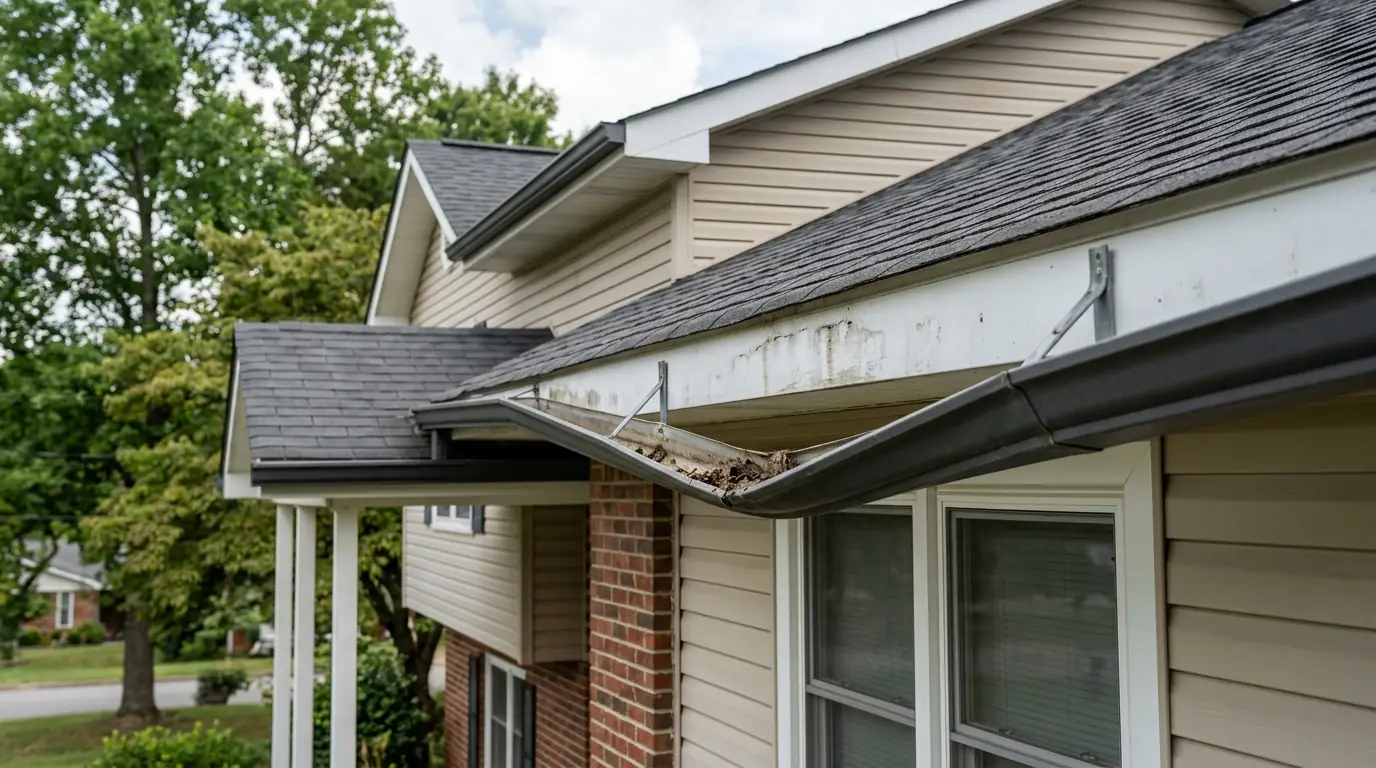 gutter run sagging visibly between widely spaced hangers on a Halls Crossroads Knoxville Tennessee home