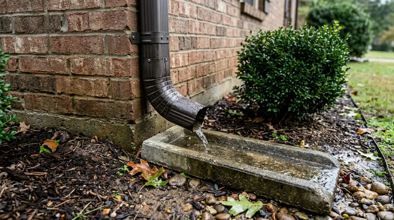 close view of a downspout elbow discharging onto a splash block beside a Tennessee home