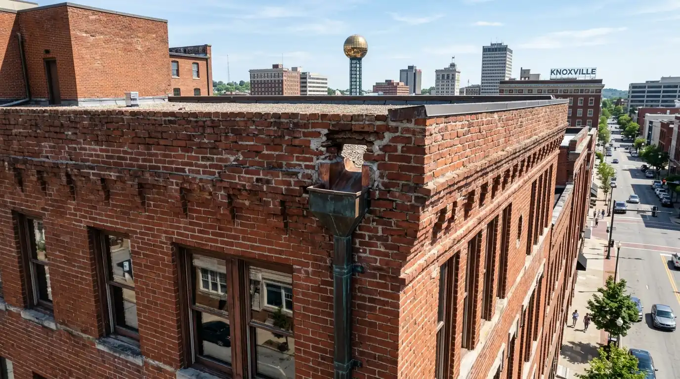 scupper opening through a brick parapet wall on a downtown Knoxville Tennessee building
