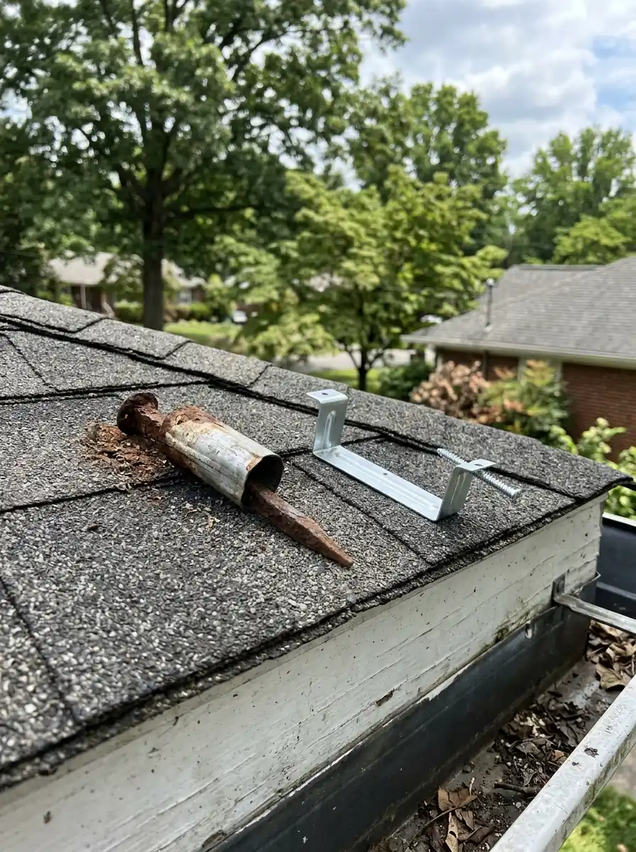 old gutter spike and ferrule removed and laid on a roof edge beside a new hidden hanger in Knoxville Tennessee