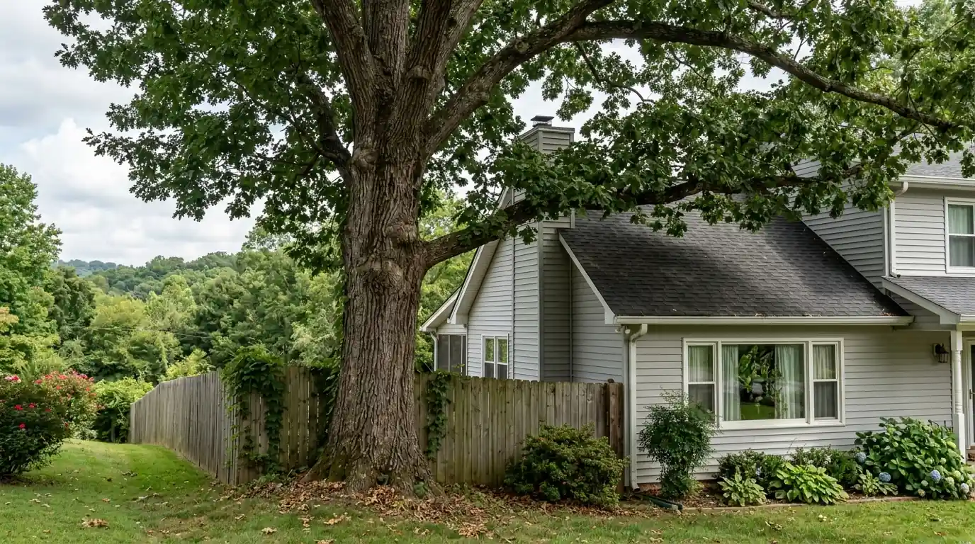 mature hardwood standing on a property boundary overhanging a roof in Ebenezer Knoxville Tennessee