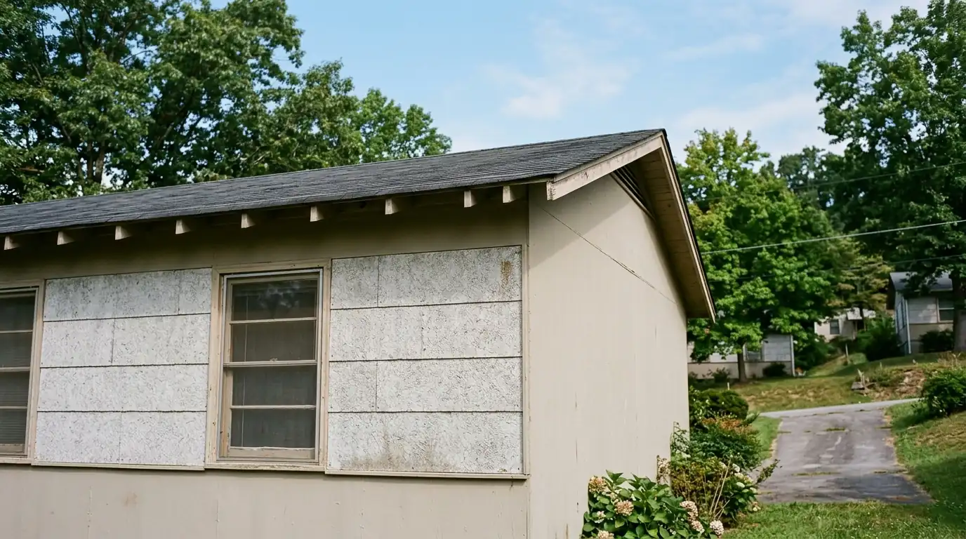 shallow eave on an original wartime cemesto house in Oak Ridge Tennessee