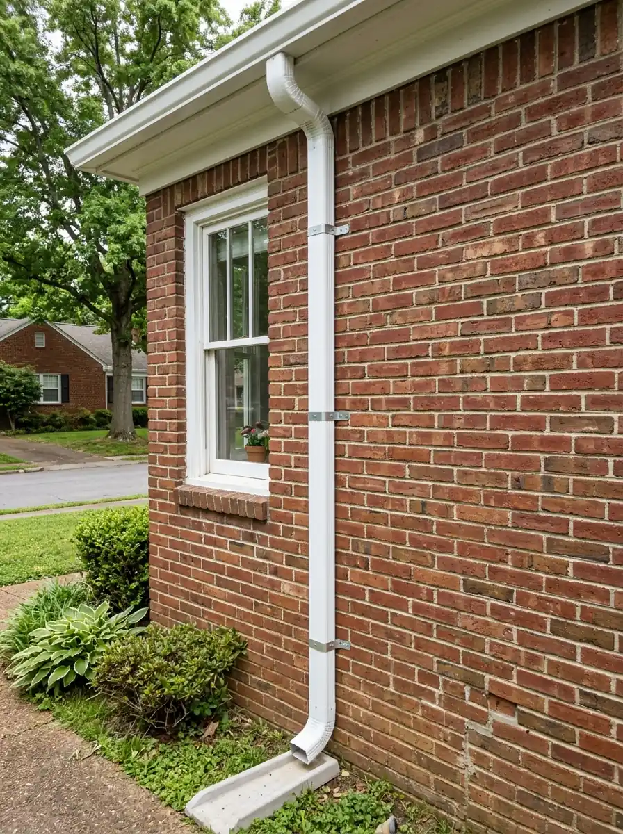 new three by four inch downspout strapped to brick siding on a Knoxville Tennessee home