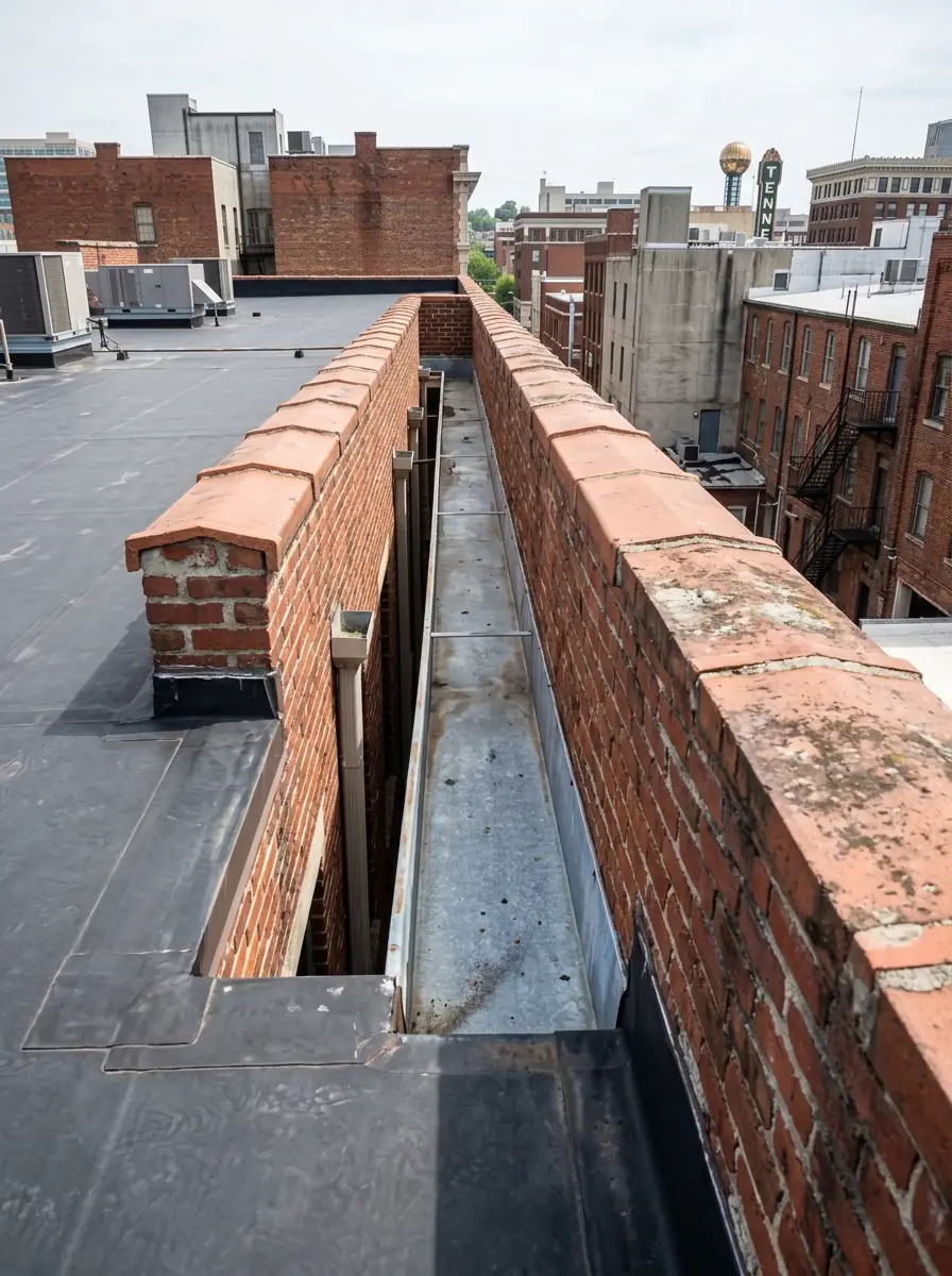 internal box gutter behind a brick parapet wall on a commercial building in downtown Knoxville Tennessee