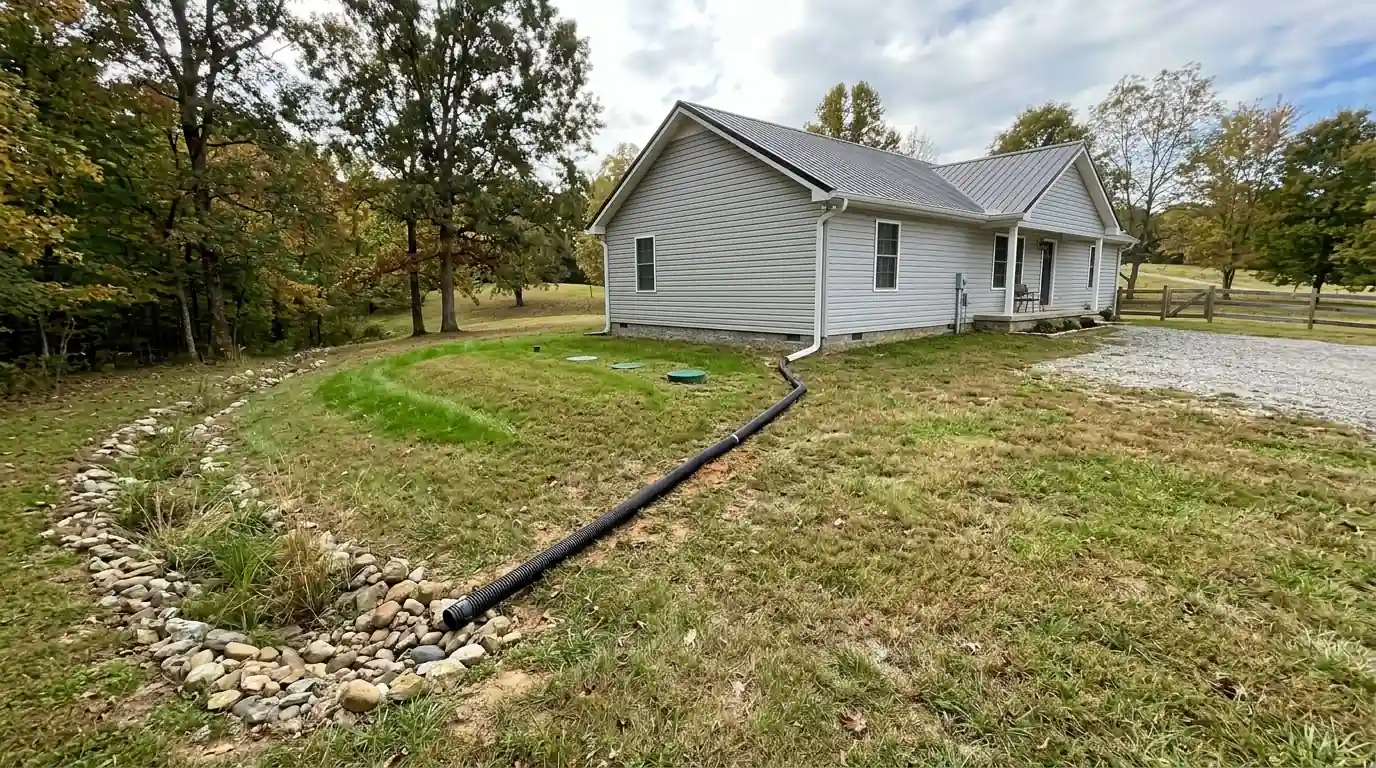 roof water discharge routed clear of a septic drain field on a country property in Knox County Tennessee