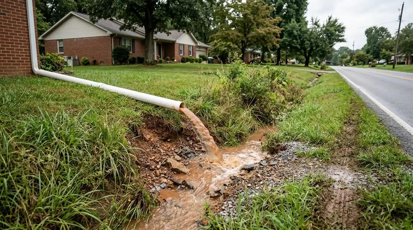 downspout discharge scouring a roadside drainage ditch beside a Karns Knoxville Tennessee property