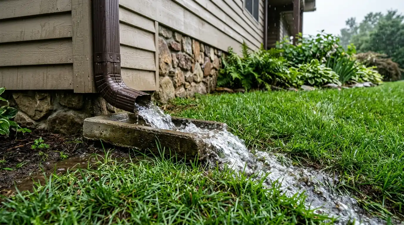 close view of rainwater running from a downspout onto a graded lawn beside a Tennessee home