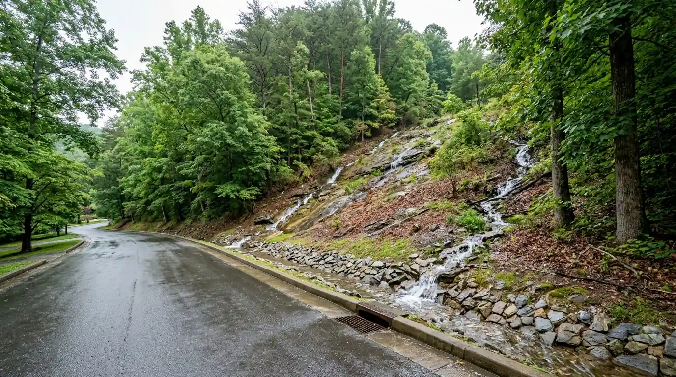 surface water running down from a ridge into a hollow street at Rocky Top Tennessee