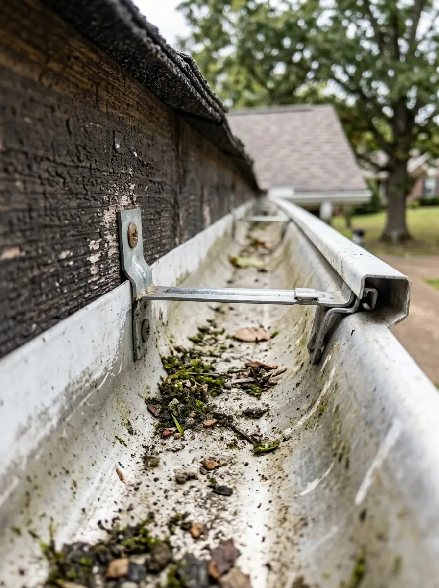 tight close view of a hidden gutter hanger clipped inside a K style trough in Tennessee