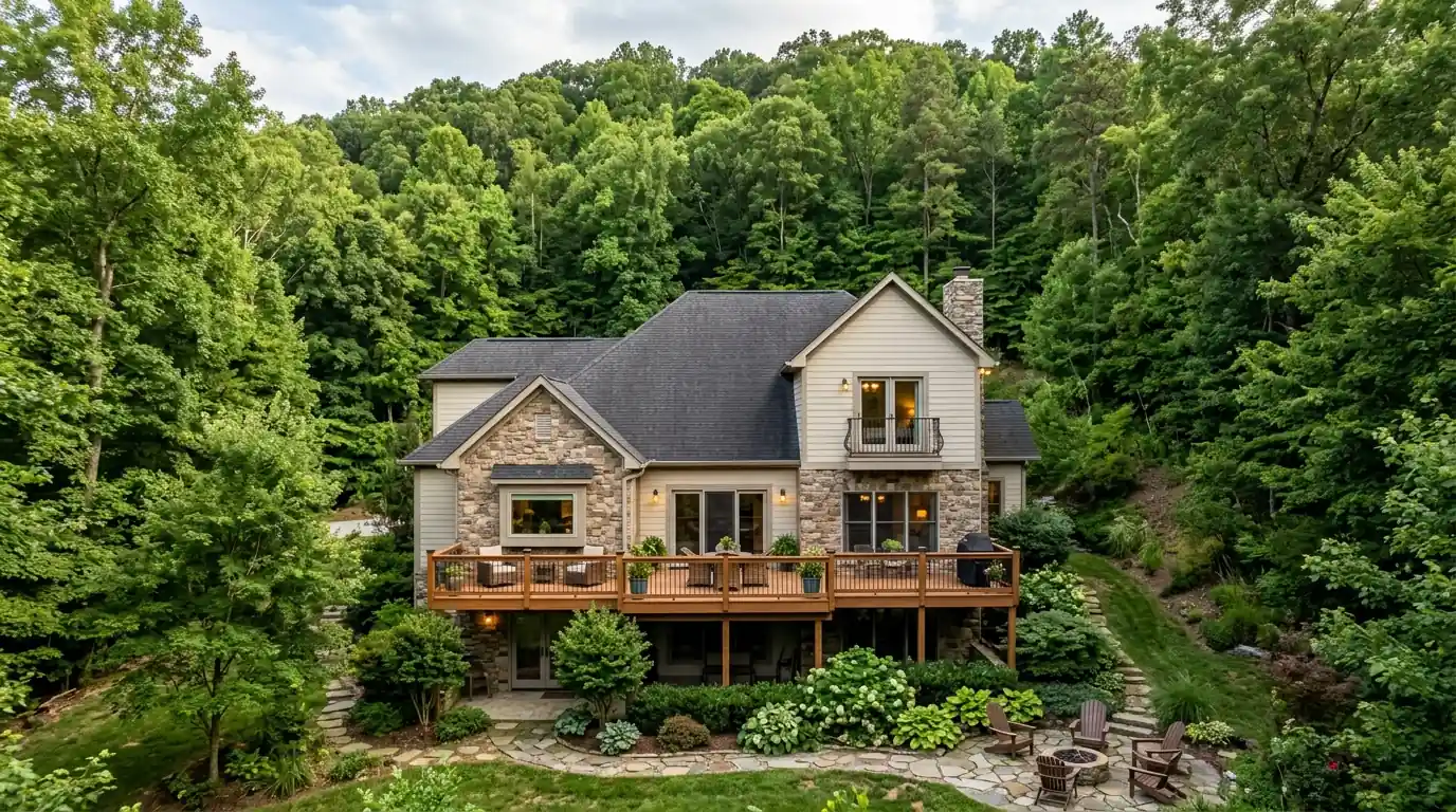 rear elevation of a Fountain City Knoxville Tennessee home with the wooded ridge rising directly behind