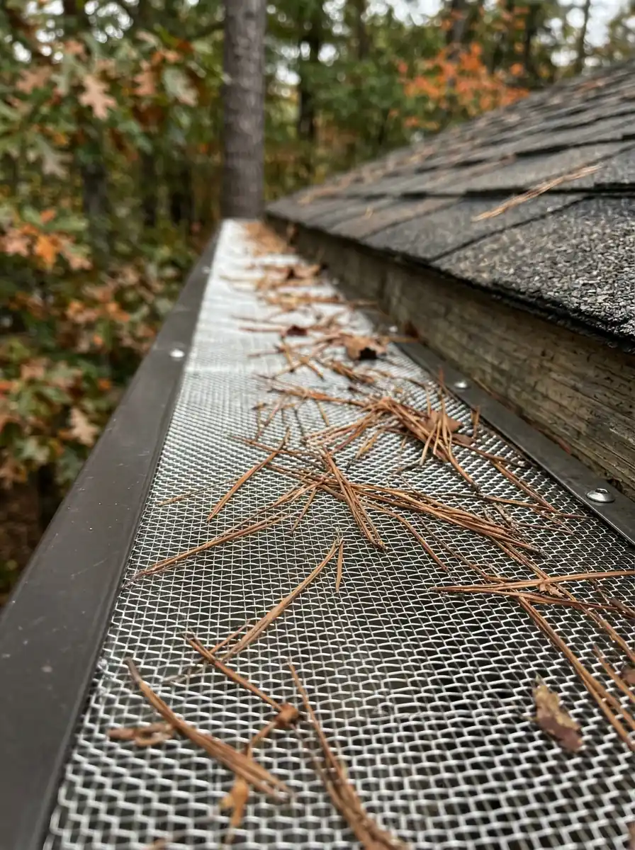 tight close view of fine mesh gutter guard with pine needles resting on the surface in Tennessee