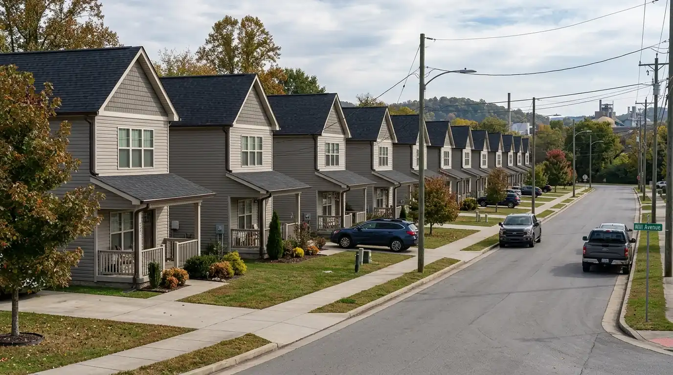 identical company built houses along a street in Alcoa Tennessee with original gutter runs