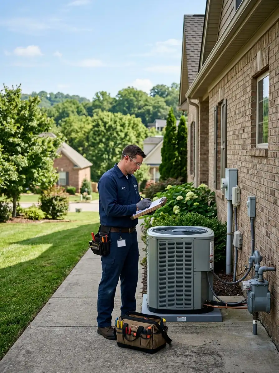 scheduled maintenance visit with the technician noting findings beside a Knoxville Tennessee home