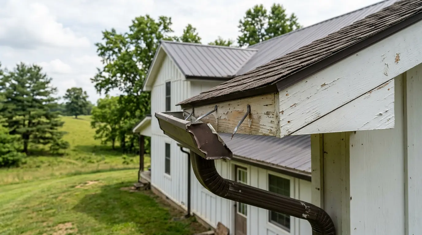 gutter end lifted away from the fascia by wind on an exposed country home in Corryton Knoxville Tennessee