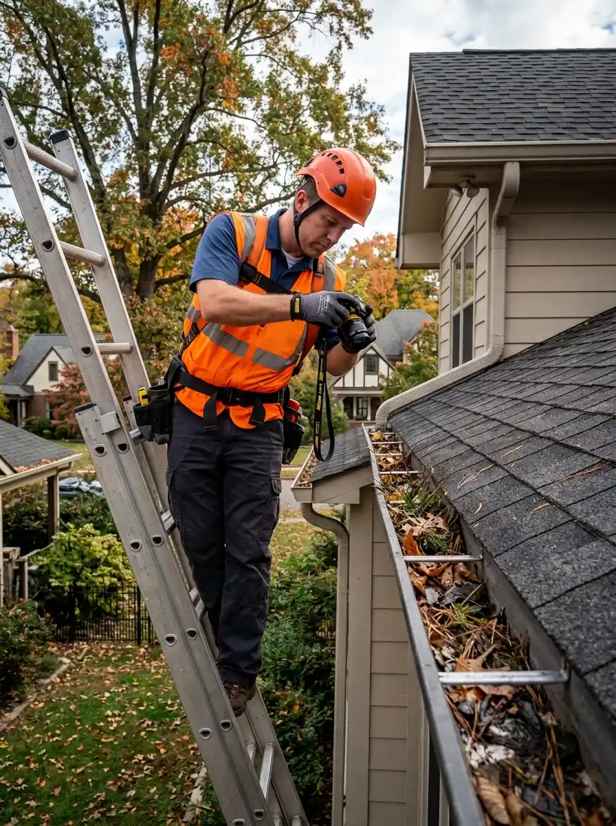 inspector photographing the inside of a gutter trough from a ladder on a Knoxville Tennessee home