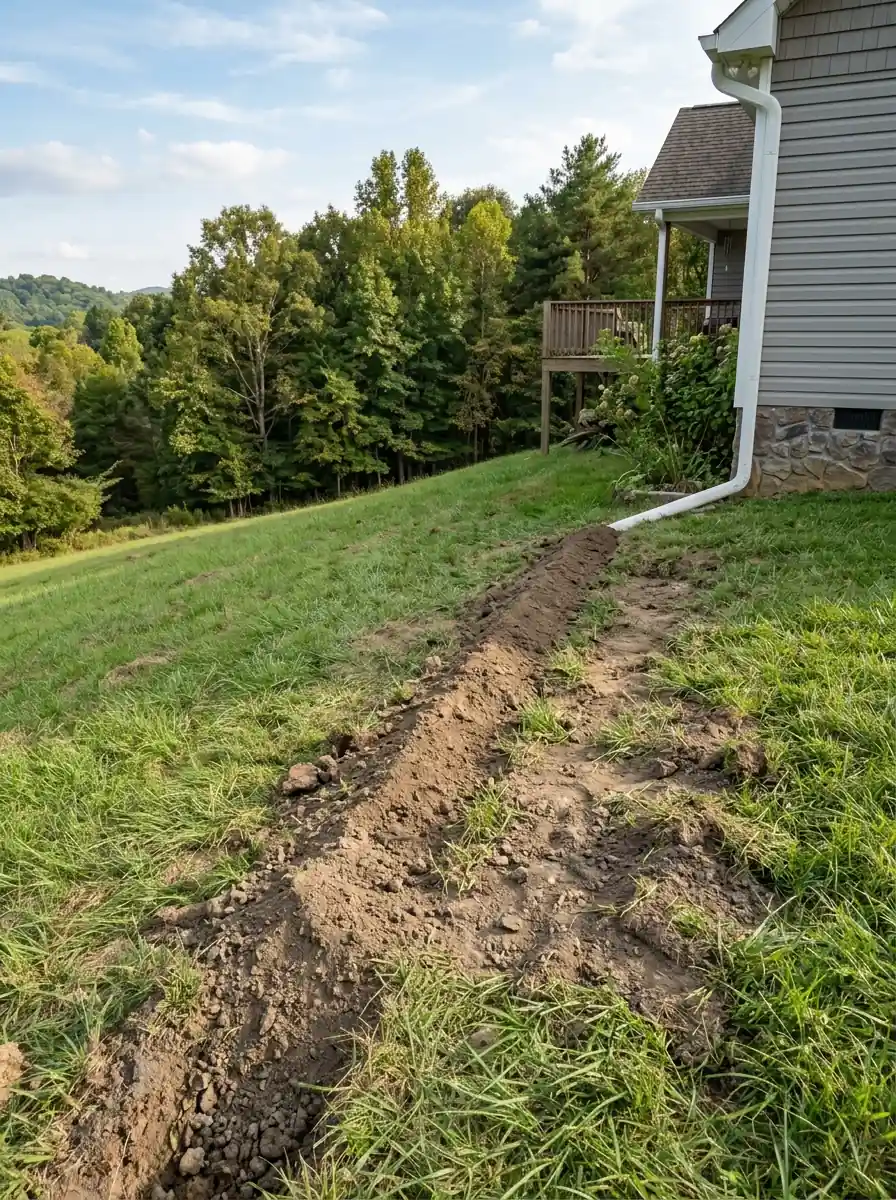 buried drain line trench running from a downspout across a sloped Tennessee yard