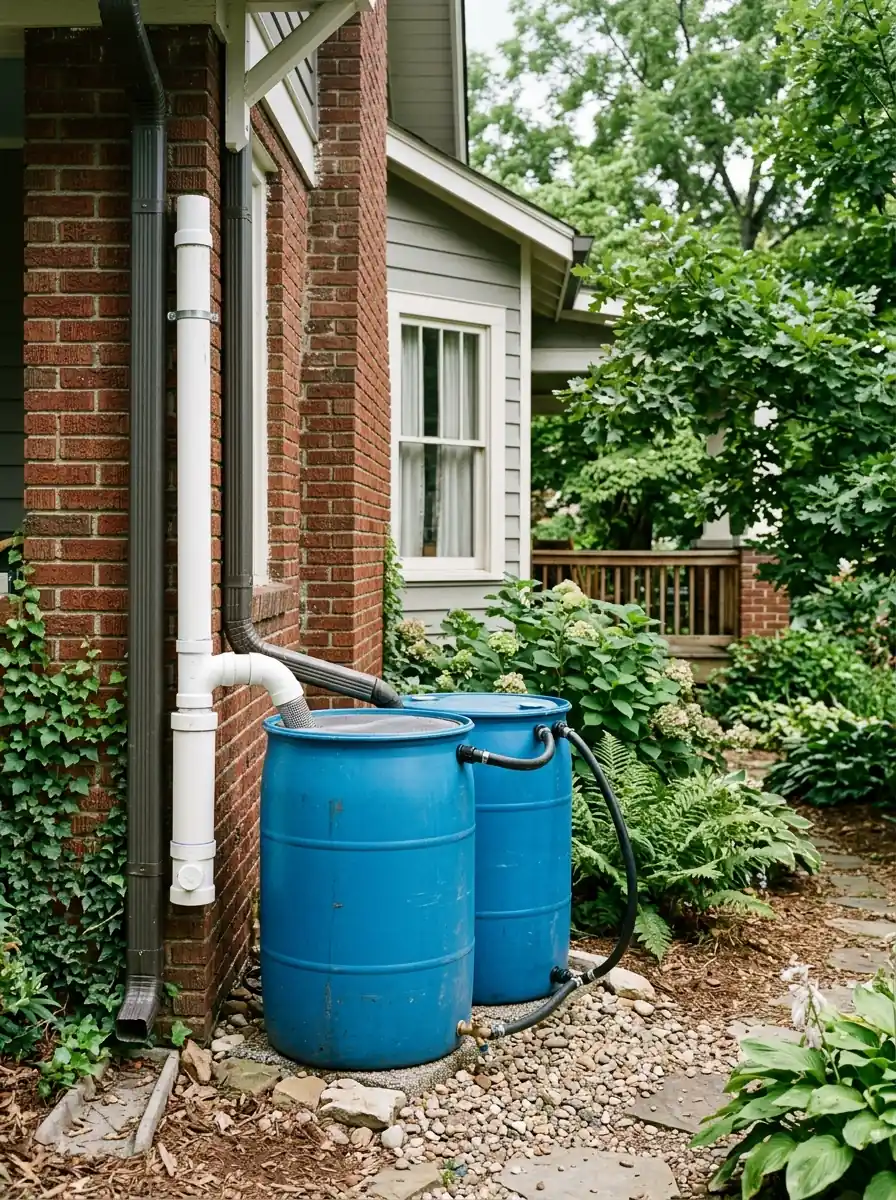 linked rain barrels with a first flush diverter beside a Knoxville Tennessee home