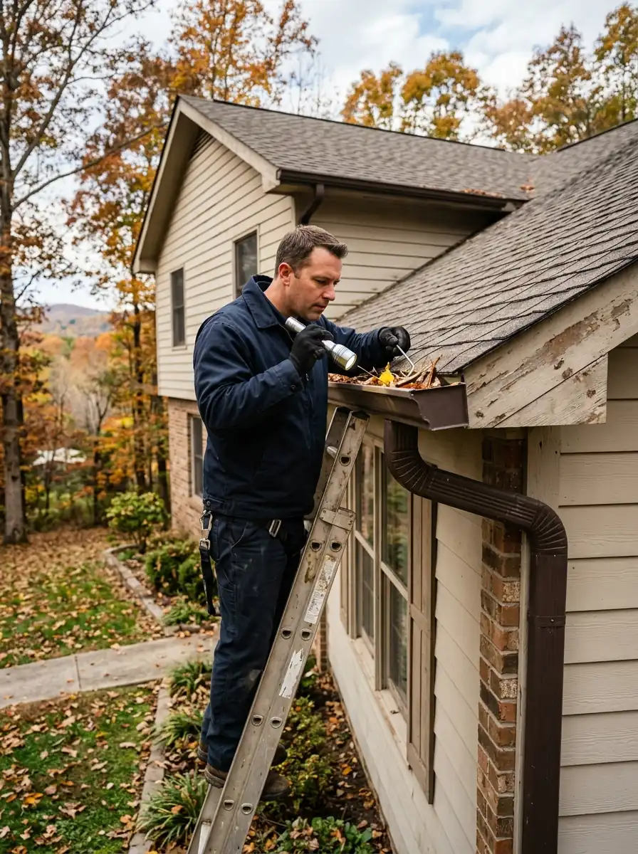 technician inspecting a gutter outlet with a flashlight on an East Tennessee house