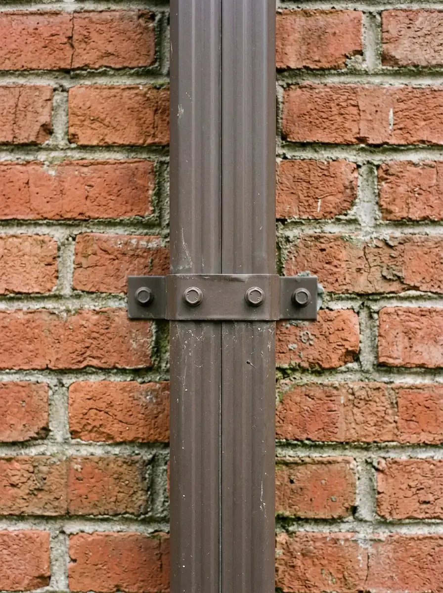 tight close view of a three by four inch downspout attached to brick siding in Knoxville Tennessee