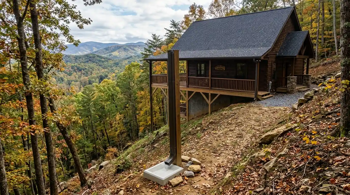 hillside rental cabin with roof water discharging onto a steep slope near Sevierville Tennessee
