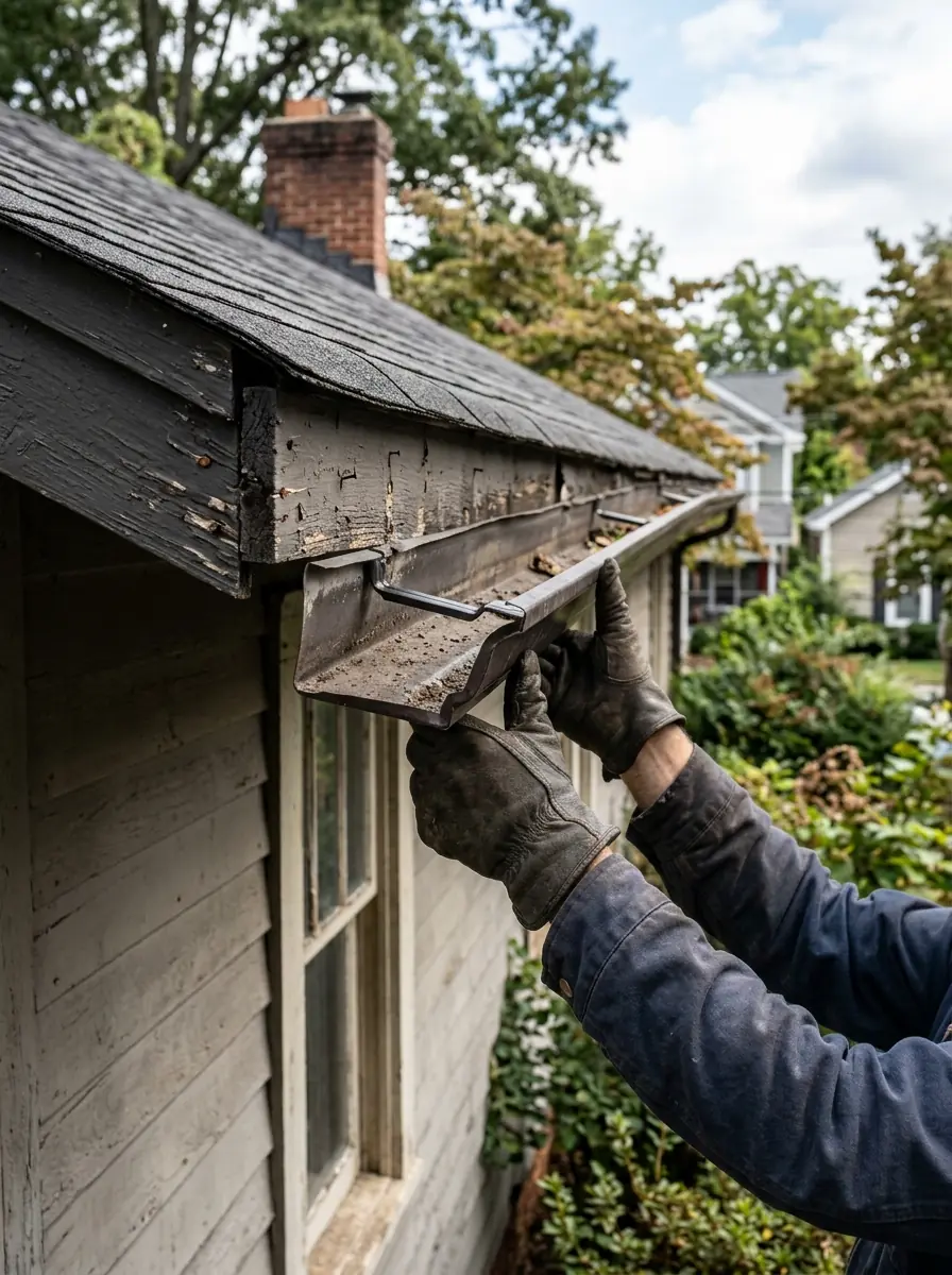 hands lifting a sagging gutter run back to pitch on an older Knoxville Tennessee house