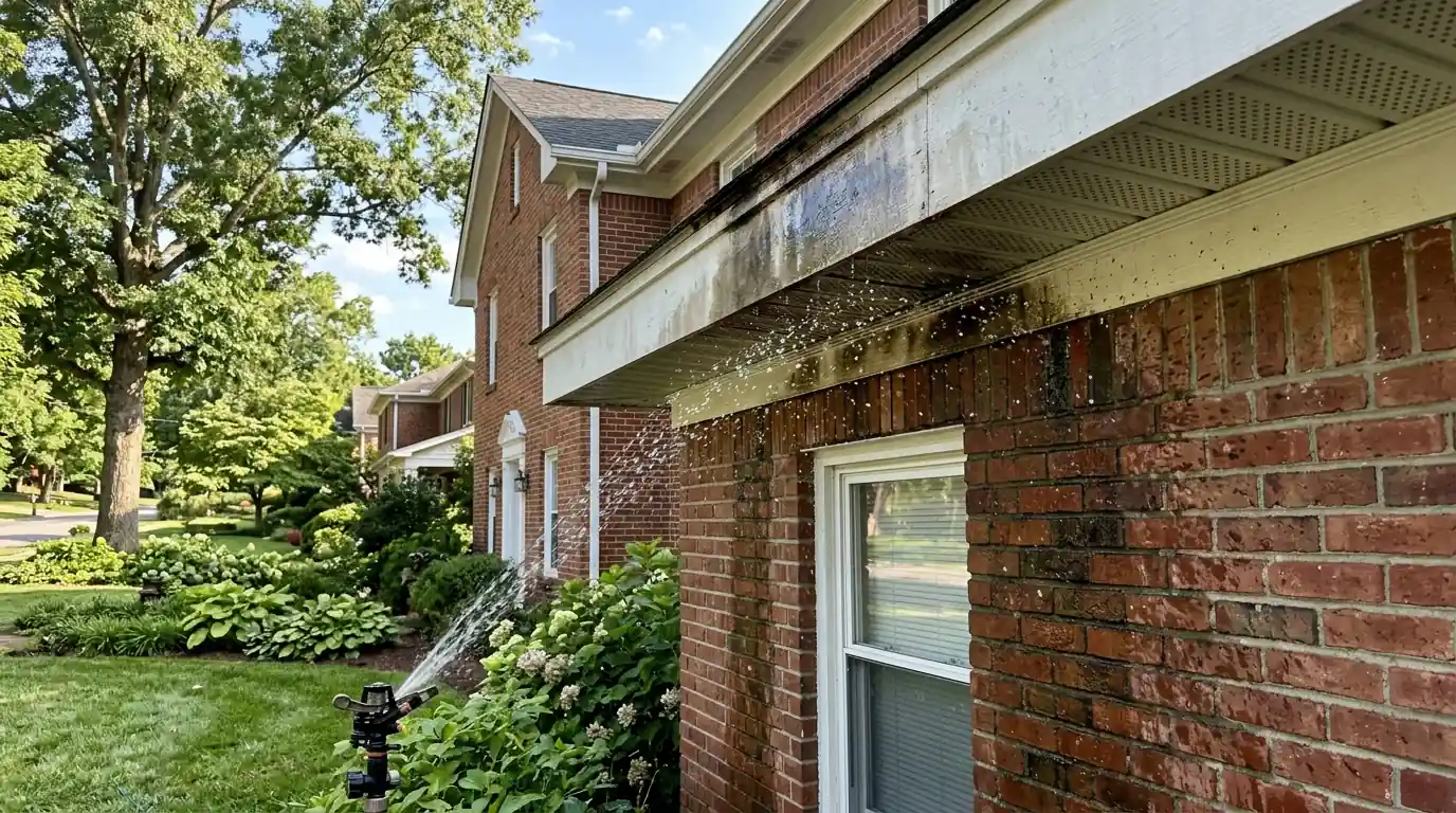 sprinkler overspray wetting the soffit and fascia of a brick home in Knoxville Tennessee