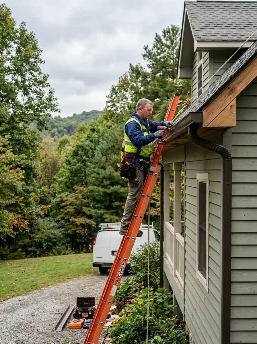 gutter technician on a ladder working along the eave of an East Tennessee house on an overcast day