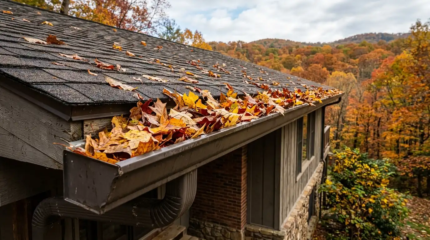 wide shot of autumn hardwood leaves collected in a residential gutter trough in Tennessee