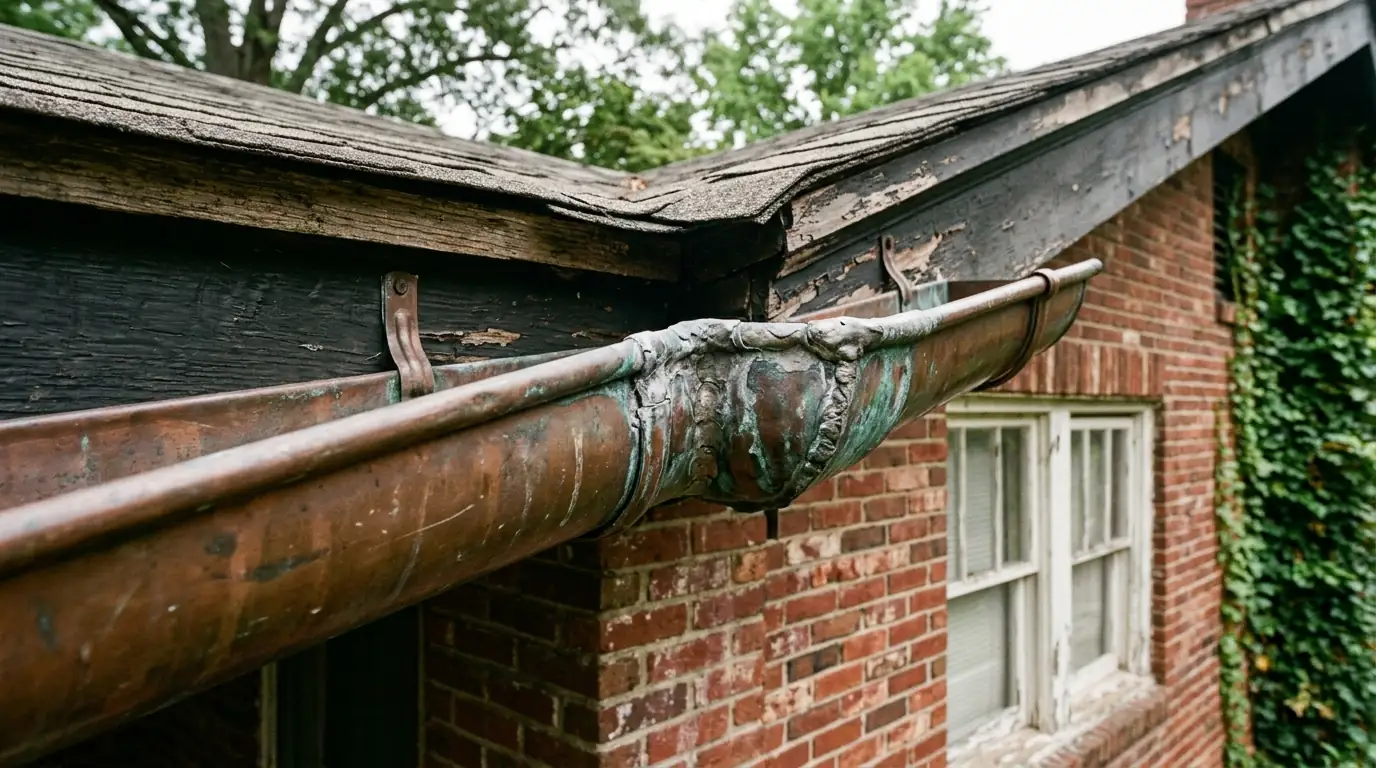 original copper half round gutter with soldered joints on a 1930s Knoxville Tennessee house