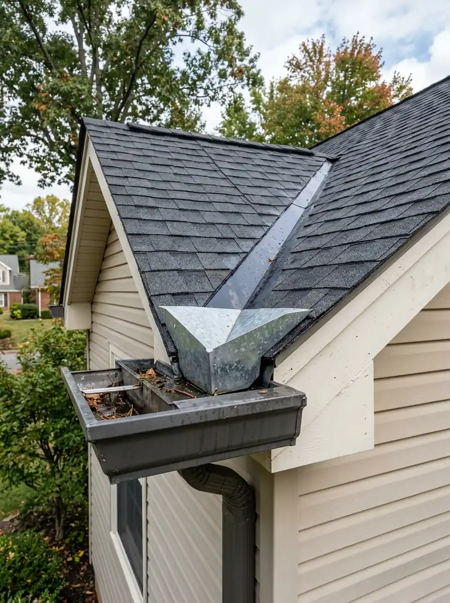 metal splash guard fitted inside a gutter beneath a roof valley on a Knoxville Tennessee house