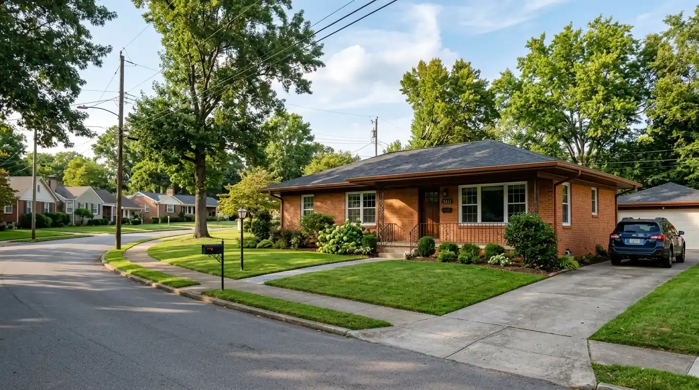 single story brick ranch home with wide eaves on a Knoxville Tennessee street