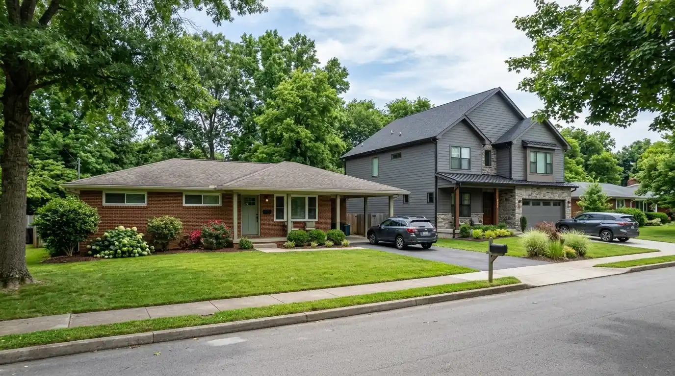 mid century brick ranch beside a newer two story build on a Bearden Knoxville Tennessee street