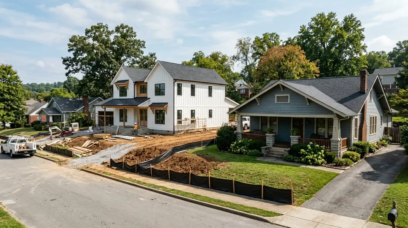 new construction beside an older bungalow with regraded ground at the boundary in Old Sevier Knoxville Tennessee