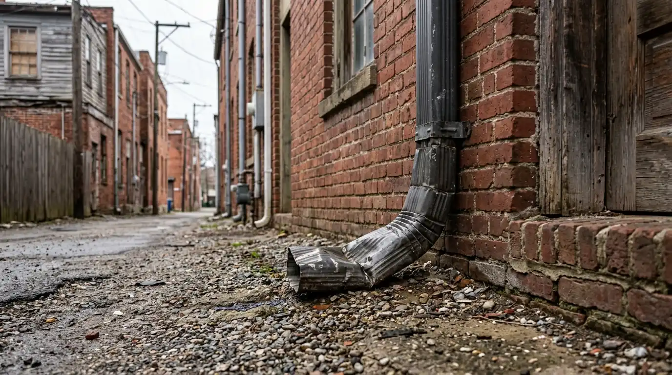 crushed downspout elbow at the base of a mill house in a shared rear alley in Lonsdale Knoxville Tennessee