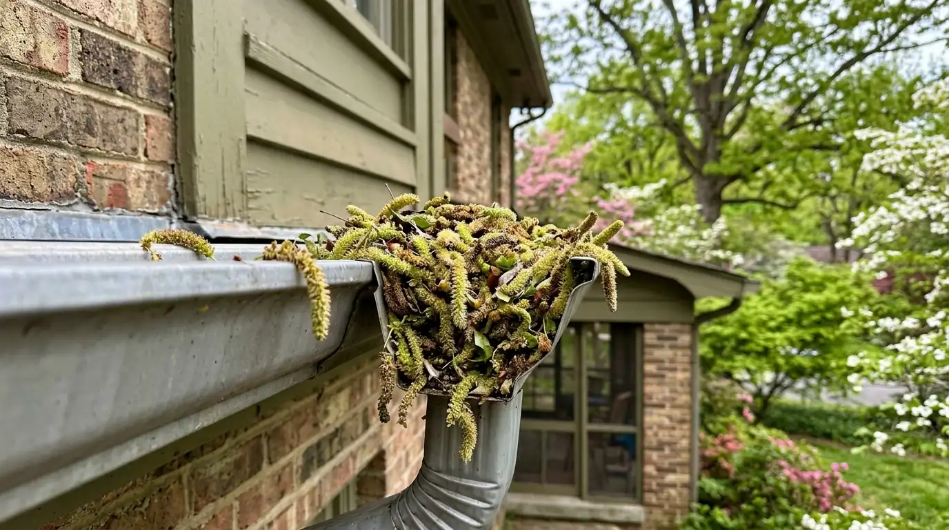 oak catkins packed into a gutter outlet in spring on a North Hills Knoxville Tennessee home