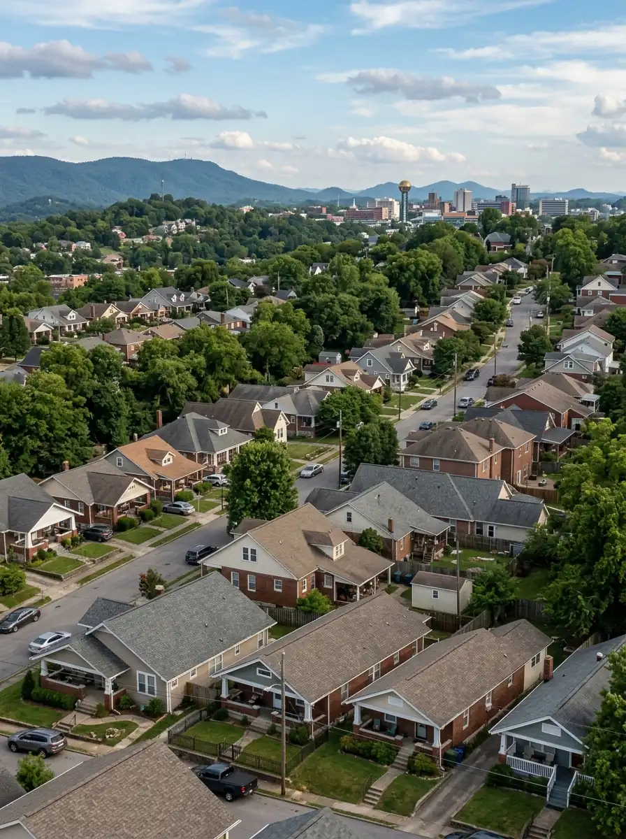 wide view of Knoxville Tennessee neighborhood rooftops with gutters visible along the eaves